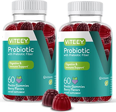 Probiotics Plus Prebiotics Fiber Gummies, Extra Strength 2 Billion CFUs for Immune Support and Digestive Support, Dualbiotic Vegan and Pectin Chewable Gummy, for Men Woman Teens & Kids, Berry Flavor