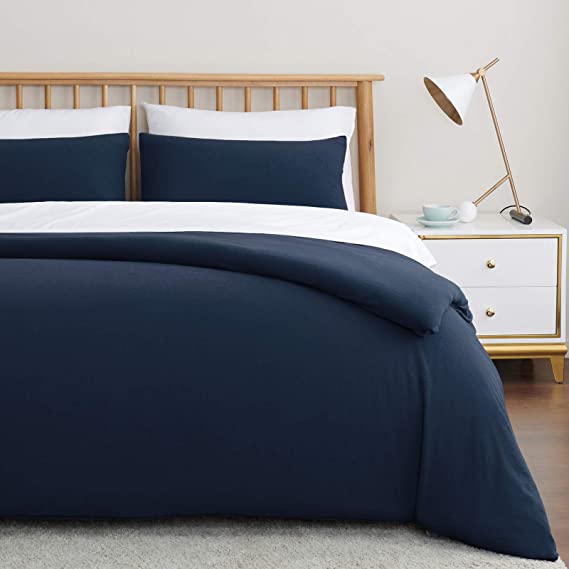 VEEYOO Jersey Knit Cotton Duvet Cover Set King Size - Soft Easy Care Duvet Cover with Zipper Closure and Coner Ties Breathable (Navy, 1 Duvet Cover 2 Pillowcases)