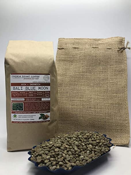 5 Pounds – Indonesian – Bali Blue Moon – Unroasted Arabica Green Coffee Beans – Grown In Region Kintamani Highlands – Altitude 1299-1699 M – Drying/Milling Process Is Wet Hulled - Includes Burlap Bag