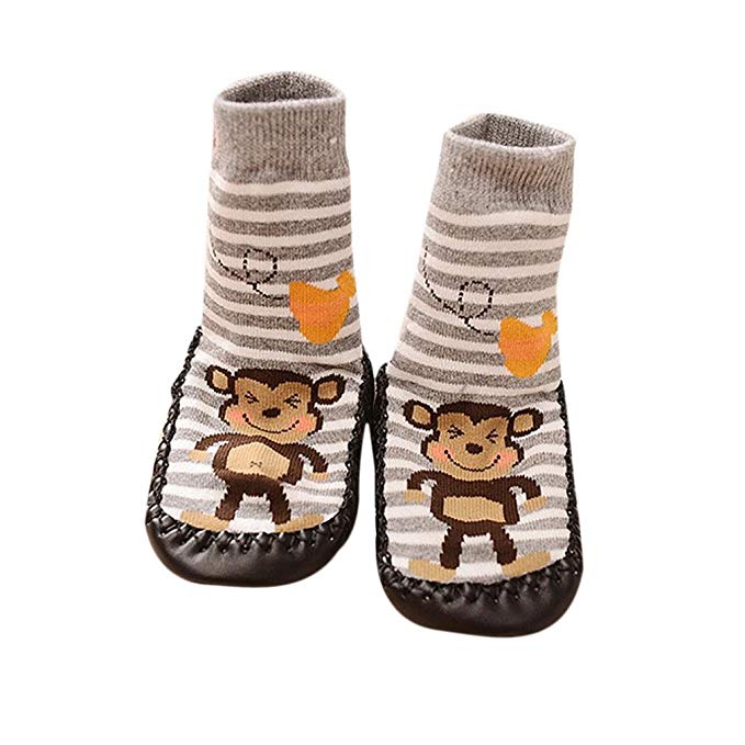 AMA(TM) Cartoon Kids Toddler Baby Anti-slip Sock Boots Slipper Shoes (0-6 months, Gray)