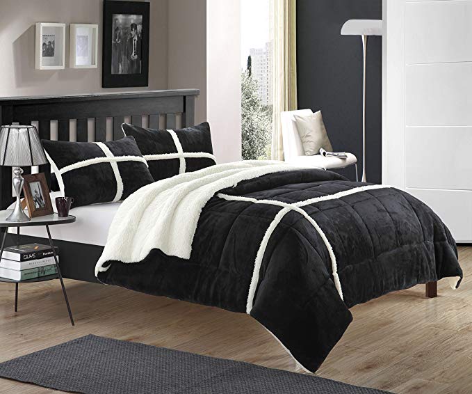 Chic Home Chloe 3 Piece Comforter Set Ultra Plush Micro Mink Sherpa Lined Bedding – Decorative Pillow Shams Included Queen Black
