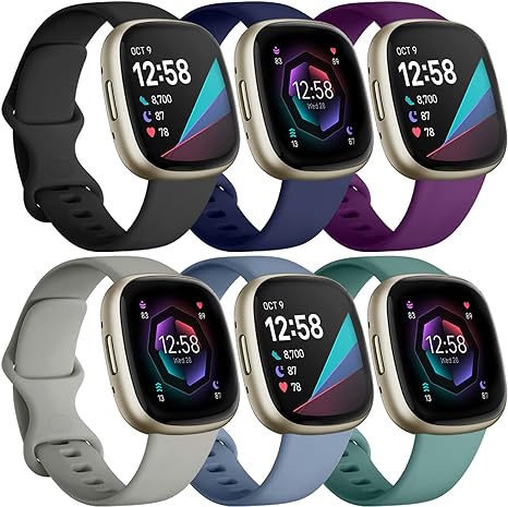 Maledan 6 Pack Band Compatible with Fitbit Sense Bands & Fitbit Versa 3 Bands for Women Men, Classic Soft TPU Sport Strap Wristband Bracelets Accessories for Fitbit Versa 4/Sense 2/Versa 3/Sense Watch