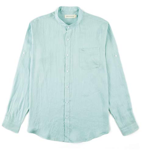 BYLUNTA Men's 100% Linen Long Sleeve Band Collar Casual Beach Shirt Regular Fit