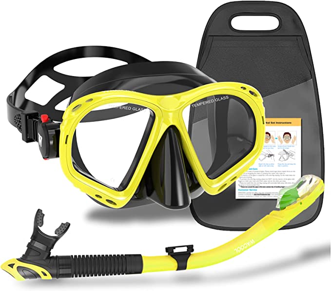 WACOOL Snorkeling Package Set for Adults, Anti-Fog Coated Glass Diving Mask, Snorkel with Silicon Mouth Piece,Purge Valve and Anti-Splash Guard