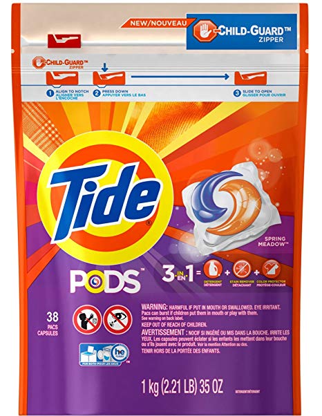 Tide Spring Meadow, 3 in 1 Detergent   Stain Remover   Color Safe Pods, 38 Capsules, With Child Guard Zipper