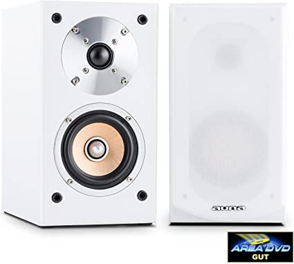 AUNA Line 501-BS-WH Pair of Passive Bookshelf Speakers (50W RMS, 4" Midrange Driver & Gold Plated Speaker Connections) White