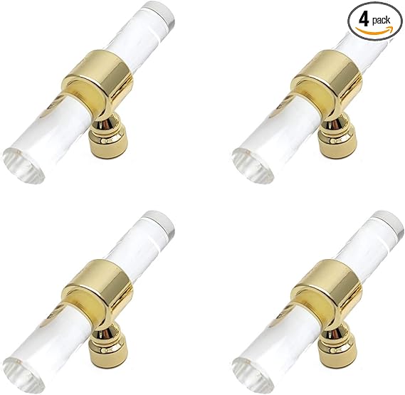 Cabinet Knobs T-Knob Gold and Acrylic Knobs Transparent Gold Single Hole 3.2x0.5x1.4(LxWxH) Set of 4