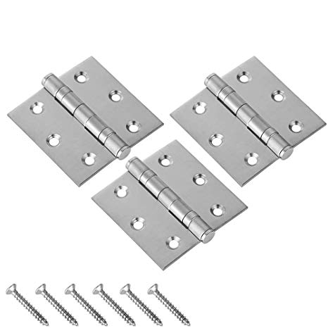 JQK Door Hinges, Stainless Steel Thickened Closet Door Hinge with Soft Close Bearing, Brushed Finish 3.5" x 3.5", 3 Pack, HDH100-P3