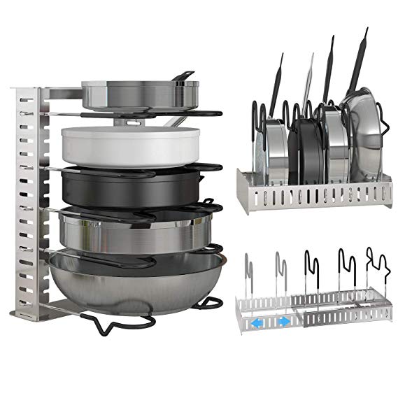 Lifewit Expandable Pan and Pot Lid Organizer Rack Holder Adjustable Kitchen Cabinet Pantry, 5-Tier Compartments Cupboard Bakeware Lid Plate Holder, Silver and Black