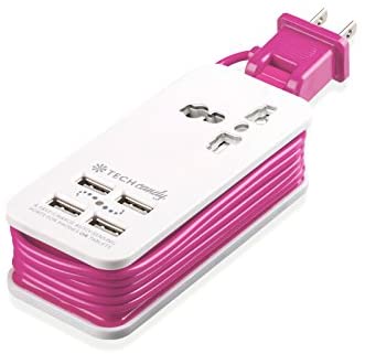 Tech Candy Power Trip Compact Travel Charging Station 4 USB Ports 1 Outlet Plug, Smart Technology, Fast, 5 ft. Extension Cord Pretty Pink Trendy Design
