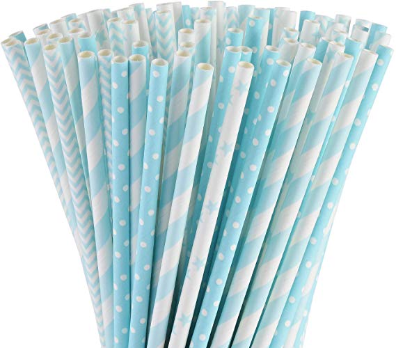 ALINK Biodegradable Light Blue White Paper Straws, Pack of 100 Party Straws for Juice, Cocktail, Smoothies, Birthday, Wedding, Bridal/Baby Shower and Celebration Supplies