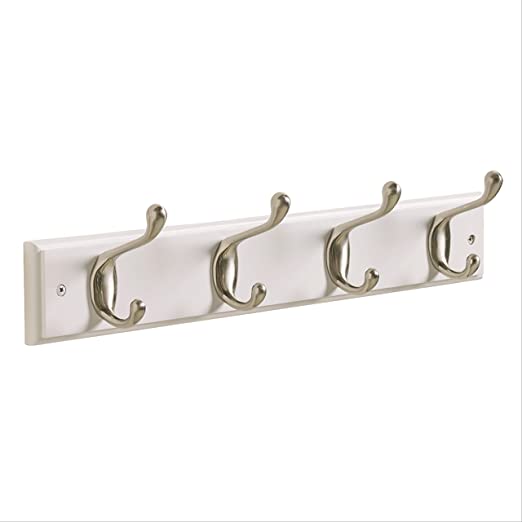 Amerock Coat and Hat Rail/Rack-4 Medium Hooks, 18", White/Satin Nickel