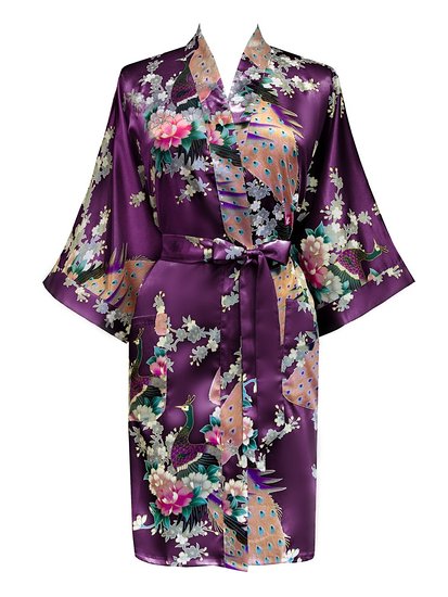 Old Shanghai Women's Kimono Short Robe - Peacock & Blossoms