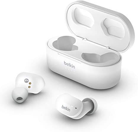 Belkin SoundForm True Wireless Earbud Headphones (Bluetooth Earphones for iPhone, Samsung, Google, Touch Control, Portable Charging Case, 24-hours Playtime, Noise Isolation, Sweatproof, White)