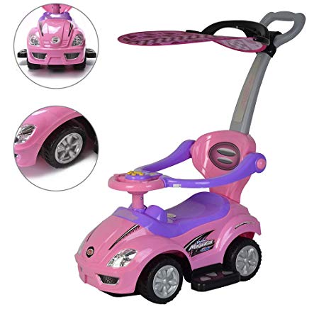 ChromeWheels 3 in 1 Ride on Toys Pushing Car with Removable Sun Visor,Mega Car for Toddler Wagon Handle Stroller,Color Pink