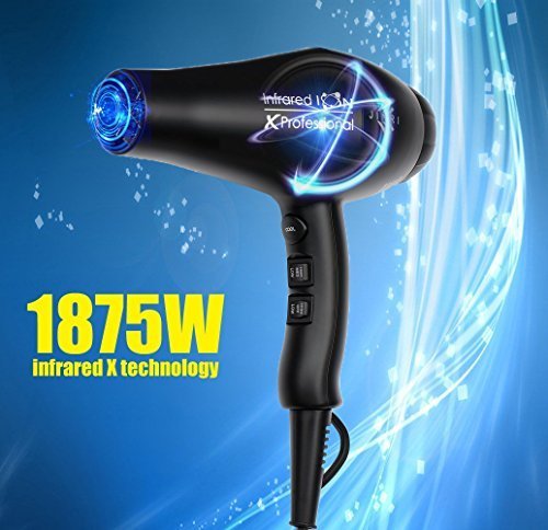 JINRI JR-104A 1875W  Negative Ionic Ceramic Hair Dryer with Styling Concentrator Nozzle and Diffuser 2 Speeds 3 Heat Settings Cold Shot Button CETL Certified (Black)