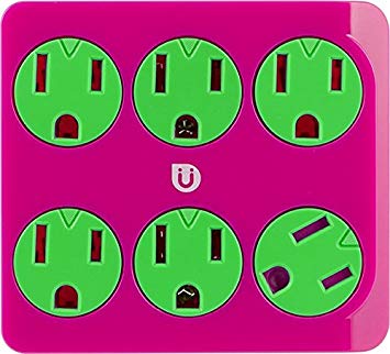 Uber 6 Outlet Power Tap with Twist-to-Close Safety Outlet Covers, Grounded Wall Plug Adapter, Kids Outlet Extender, UL Listed, Pink/Green, 25110