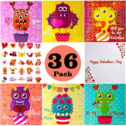 36 Monster Valentine Card Packs, Valentine's Day Cards with 72 Temporary Tattoos and 36 Heart Envelopes for Kids/Roommate/Classmates Exchange Gifts Party Favor Supplies-Double Sided