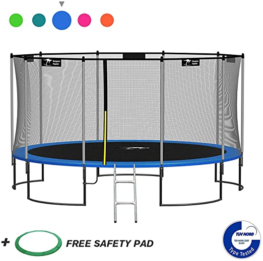 Kangaroo Hoppers 12 14 15 FT Trampoline with Safety Enclosure Net, Basketball Hoop and Ladder - 2019 Upgraded - Kids Basketball Hoop Trampoline - TUV and ASTM Tested - Multiple Color Choices