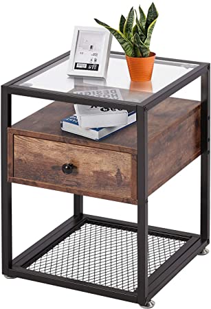 VECELO Nightstand, Tempered Glass End Table, Cabinet with Drawer and Rustic Shelf Decoration in Living Room,Bedroom,Lounge, Brown Black