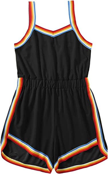 Milumia Women Plus Size Romper Rainbow Striped Elastic Waist Sport Playsuit