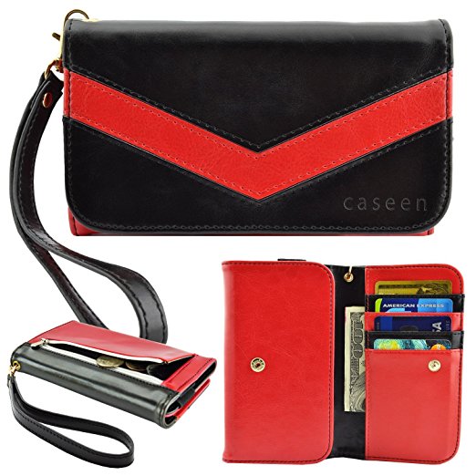 Smartphone Wristlet, Smartphone Wallet, caseen ViVi Womens Clutch Credit Card Case (Red/Black) for Smart Phone, Apple iPhone 6 / 6S Plus, Samsung Galaxy S6 / S6 Edge S6edge  S5 Active Note 5 4 3 2 II, Google Nexus 6, HTC One M9 / EYE / M8, Sony Xperia Z4 Z3 Z2 Z1, LG G4 G3 / G Pro 2 / Intuition, ASUS PadFone X [Up to 6.25 x 3.5 Inch Cellphone]  Large Size