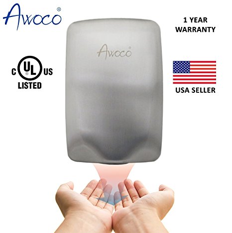 Awoco AK2803B Compact Stainless Steel Automatic High Speed Hand Dryer, 1350W UL Listed, 1 Year Warranty