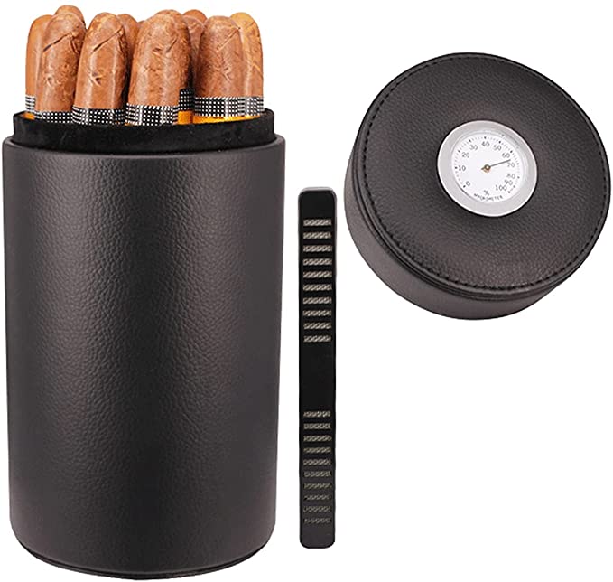 AMANCY Handy Black Leather 12-15 Cigar humidor Canister, Cedar Wood Lined Portable Cigar Case ,Practical Cigar jar