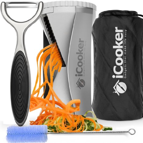 iCooker Spiralizer Spiral Slicer [FREE Stainless Steel Peeler   Cleaning Brush   Recipe Guide   Carry Bag] Professional Vegetable Spiral Cutter For Veggie Zucchini Pasta - Best Carrot Shredder
