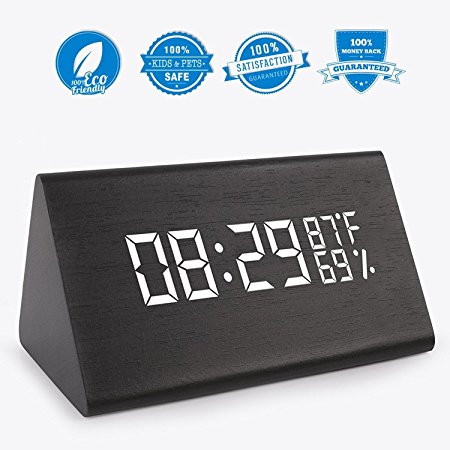 Wooden Clock, LED Digital Smart Alarm Clock With 3 Levels Adjustable Brightness & 3 Groups of Alarm Time, Triangle USB/4AAA Battery Powered Sound-Controlled, Displays Time Date Temperature and Humidit