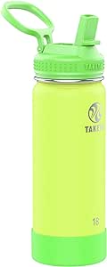 Takeya Actives Kids 18 oz Glow In The Dark Insulated Stainless Steel Water Bottle with Straw Lid, Lightning Green