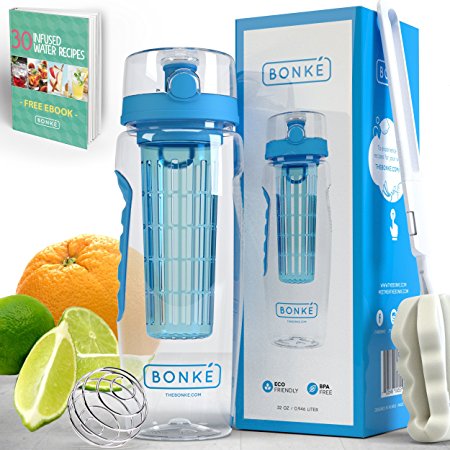 Bonke Fruit Infuser Water Bottle - Free Infused Water Ebook and Cleaning Brush - 2-in-1 - Large 32 Oz - BPA Free Plastic & Rubber Grip with Extra Safe Locking System Prevents Spills & Leaks