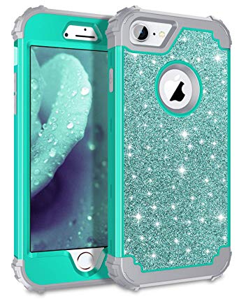 Lontect Compatible iPhone 8 Case Luxury Glitter Sparkle Bling Heavy Duty Hybrid Sturdy Armor Defender High Impact Shockproof Protective Cover Case for Apple iPhone 8 / iPhone 7 - Shiny Teal