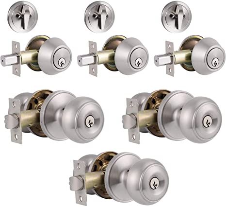 3 Pack Entry Door Knob and Single Cylinder Deadbolt Combo Pack in Satin Nickel, Keyed Alike Entry Knob and Deadbolt Lock Set
