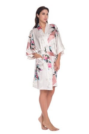 KimonoDeals Women's Soft Kimono Robe,with Pockets- Peacock & Blossom,Short