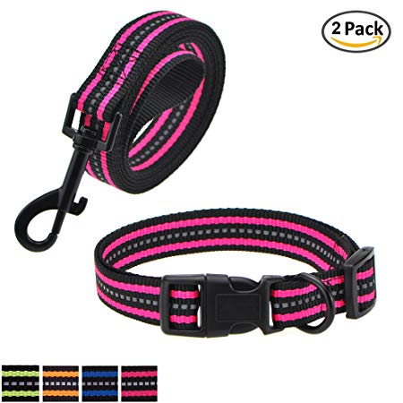 Mile High Life Night Reflective Double Adjustable Band Nylon Small Puppy Pet Dog Combo Collar Leash Harness or Leash Collar Set