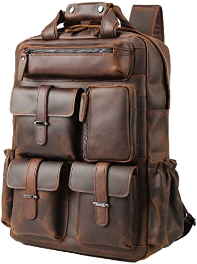 TIDING Genuine Leather Backpack Mens Rucksack Vintage School Book Bag- Fits 15.6 Inch Computer Laptop Bag with Trolly Strap,Travel Daypacks College Bag Brown