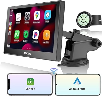 ATOTO P8 Portable Car Stereo, Wireless CarPlay & Wireless Android Auto, 7inch QLED Glare-Suppressing Touchscreen, WDR&Auto Dimmer, Bluetooth, Remote Control, AUX/FM Output, P807SD-RM