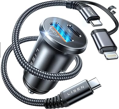 LISEN シガーソケット usb-c PD36W&QC3.0対応 シガーソケット 急速充電 【ミニデザイン/全金属/耐久性】 シガーソケット usb c 車載充電器 USB C TO USB C  LIGHTING急速充電 ケーブル 変幻自在 2ポート 車 充電器 iPhone/iPad/Xperia/AQUOS/Pixelなどスマホに対応