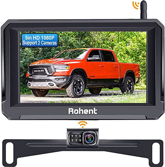 Wireless Backup Camera with 5 Inch Monitor, Rohent R3 HD 1080P Bluetooth Backup Camera Stable Digital Signal for Trucks Cars Campers Split Screen with Fan-Shaped Metal Design Support 2nd Camera for RV