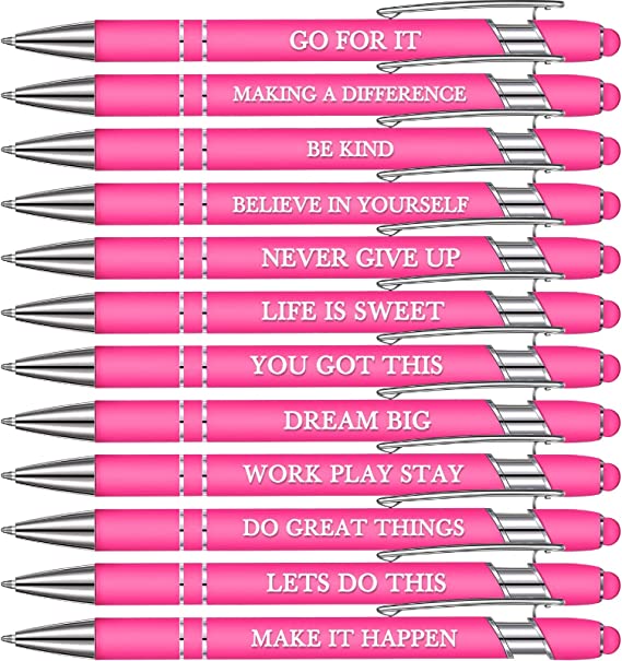 Zonon 12 Pieces Quotes Pen Inspirational Ballpoint Pen with Stylus Tip Motivational Messages Pen Metal Inspirational Pen Set Metal Black Ink Pens Encouraging Stylus Pen (Motivational Style, Pink)