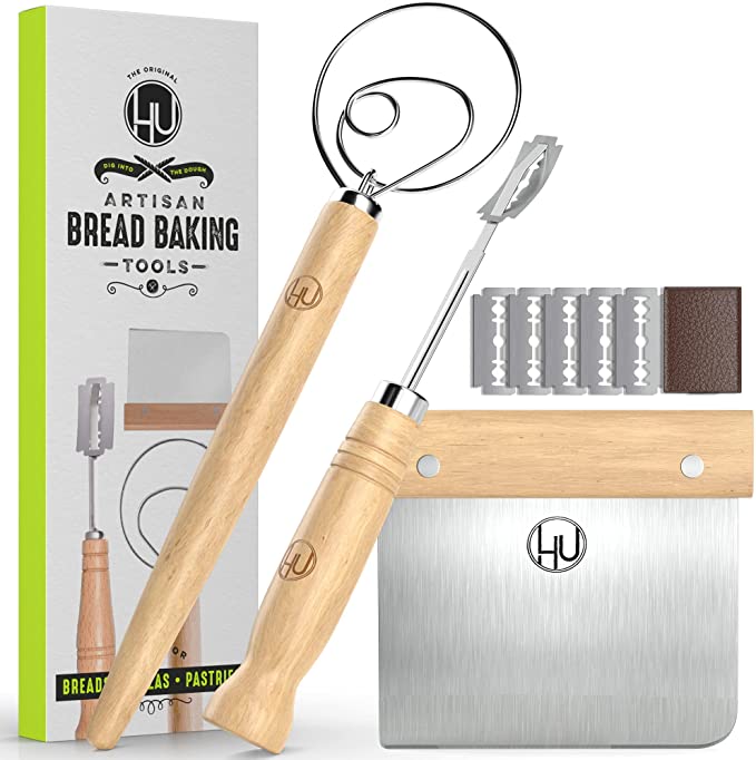 Bread Making Tools and Supplies - Set of 3 - Danish Dough Whisk, Bread Lame, Bench Scraper - Dough Hook with Bread Scraper, Lame Bread Tool, Blades - Great for Baking Sourdough, Pizza, Pastry by LHU