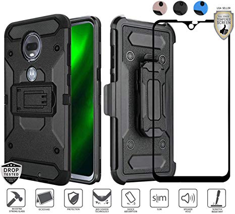 Compatible for Moto G7 Power/G7 Supra/G Power 7th Gen (Metro) Case with Tempered Glass, Rugged Armor Holster with [Clip] [Shock Proof] [Hybrid] (Black)