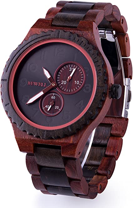 BEWELL Wood Watches for Men Analog Quartz Date Retro Handcraft Lightweight Wooden Wristwatch W154A