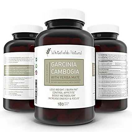 Garcinia Cambogia Extract and Yerba Mate Pure Capsules, Supports Weight Loss and Increases Energy, 1,000 mg, 180 Count by Whitefields Natural
