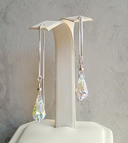 Aurora Borealis Briolette Crystal Swarovski Elements Sterling Silver Earrings Ear Threaders