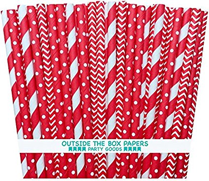 Outside the Box Papers Red Stripe, Chevron and Polka Dot Paper Straws 7.75 Inches 75 Pack Red, White