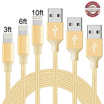 ONSON Phone Cable 3Pack 3FT 6FT 10FT Nylon Braided Charger Cable USB Cord Charging Charger Compatible iPhone Xs MAX, XR, X 8, 7, 7 Plus, 6, 6s, 6 , 5, 5c, 5s, SE, iPad, iPod Nano-Gold