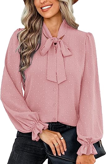 ACEVOG Womens Bow Tie Shirt Lantern Sleeve Swiss Dot Blouse Button Up Ruffle Tops