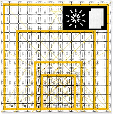 Magicfly Acrylic Quilting Ruler (4.5"x4.5", 6"x6", 9.5"x9.5", 12.5"x12.5") Set of 4 Transparent Quilter Square Ruler with 48 Non-Slip Rings & 20Pcs Transparent Sewing Clips, Double-Colored Grid Lines